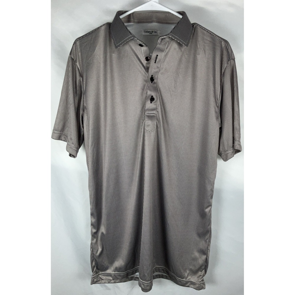 Collars & Co Large Brown Micro Houndstooth Polo Performance Stretch Shirt Golf